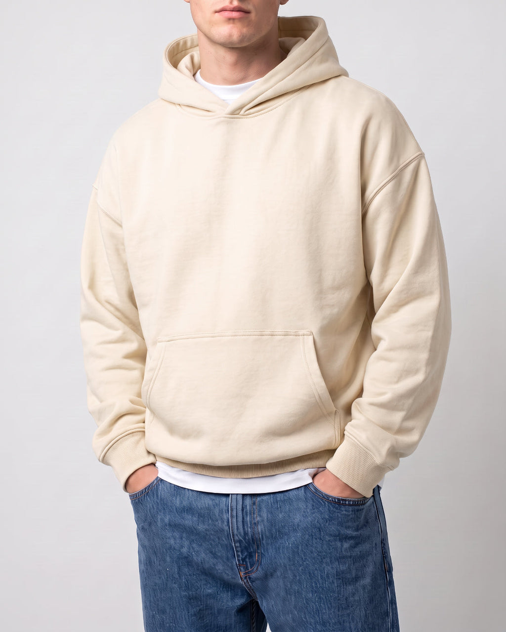 SUTRA beige milton oversized hoodie - front on model