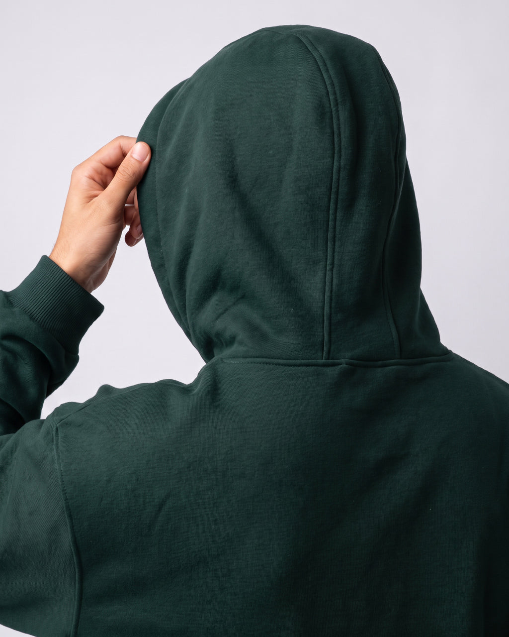 SUTRA olive milton oversized hoodie - hood up on model