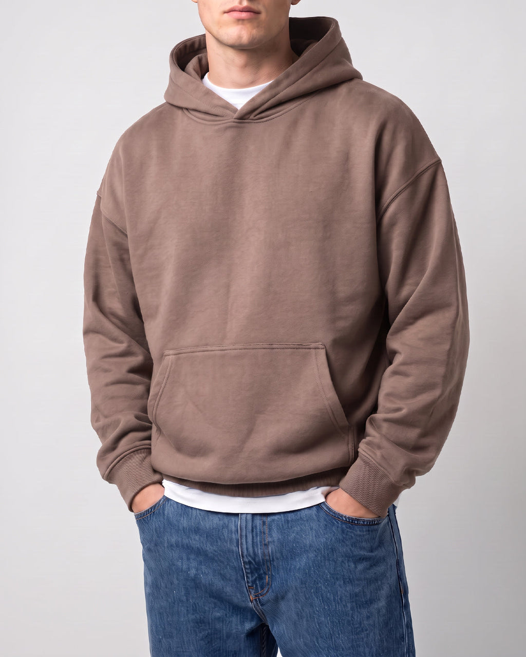 SUTRA camel milton oversized hoodie - front on model