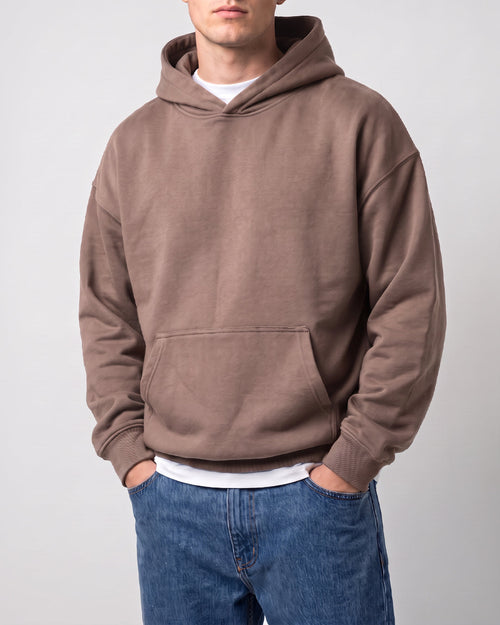 SUTRA camel milton oversized hoodie - front on model
