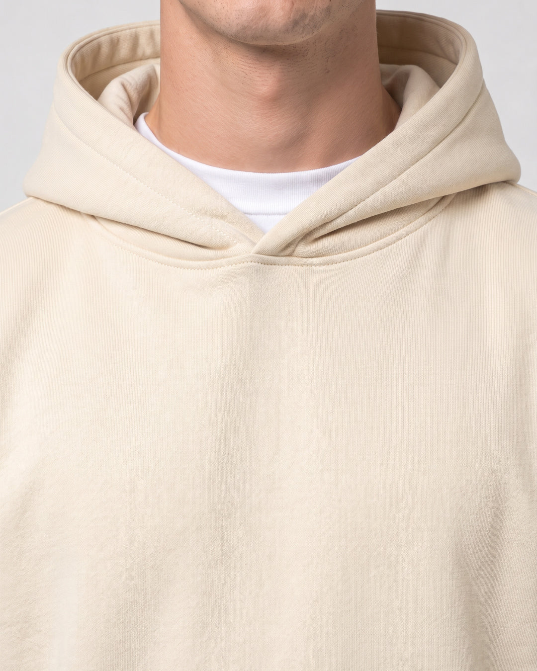 SUTRA beige milton oversized hoodie - hood and neckline close-up